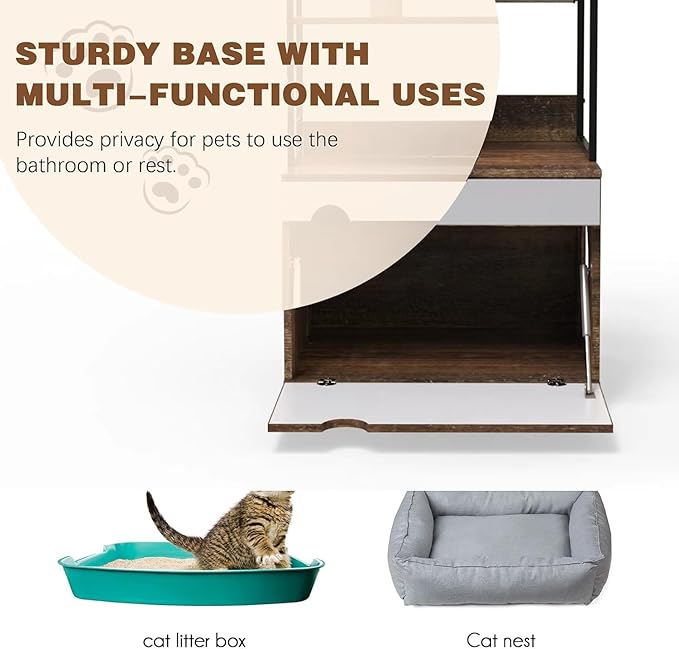 Cat Litter Box Furniture Enclosure with Shelve and Scratching Pad, Hidden Litter Box Furniture Pet Cabinet with Cat Feeding Station, 48.4 Inch Wooden Kitty Washroom Furniture, Cat Tree House,Cat Tower - Image 6