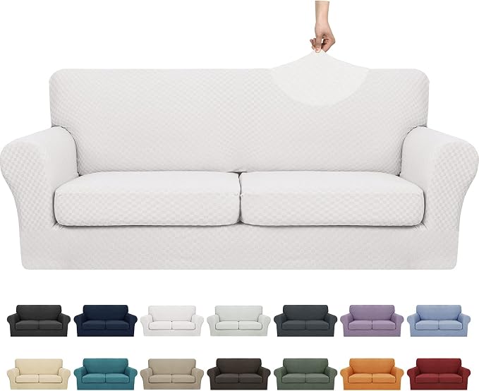 YEMYHOM Latest Checkered 3 Pieces Couch Covers for 2 Cushion Couch High Stretch Sofa Cover with 2 Extra Large Seat Cushion Covers Anti Slip Elastic Slipcovers (XL Loveseat, White), 71"-91"(2 CUSHIONS) by YEMYHOM
