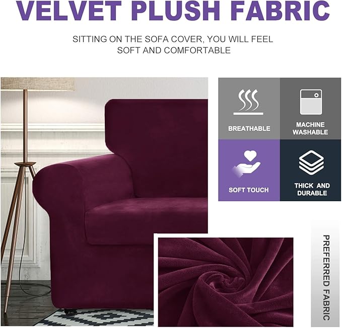 ZNSAYOTX Luxury Velvet Chair Slipcovers with Arm 2 Piece Stretch Chair Covers for Living Room Thick Soft Armchair Slipcover Anti Slip Dog Pet Friendly Furniture Protector (Wine Red),30"-47"(1 CUSHION) - Image 3