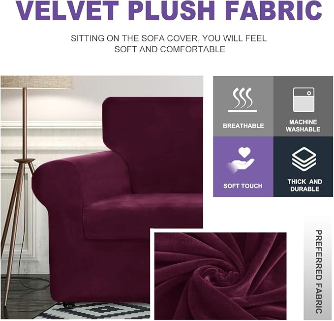 ZNSAYOTX Luxury Velvet Sofa Cover 3 Piece (57"-70") Stretch Loveseat Covers for 2 Cushion Couch Thick Soft Couch Slipcover with Non Slip Strap, Dog Pet Friendly Nice Furniture Protector (Wine Red) - Image 3