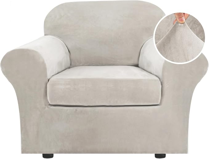 H.VERSAILTEX Rich Polyester Spandex Blend 2 Piece Cover Chair Slipcover Sofa Cover Furniture Protector Couch Soft with Elastic Bottom Chair Couch Cover with Arms Width Up to 49 Inch(Chair, Oatmeal) by HVERSAILTEX