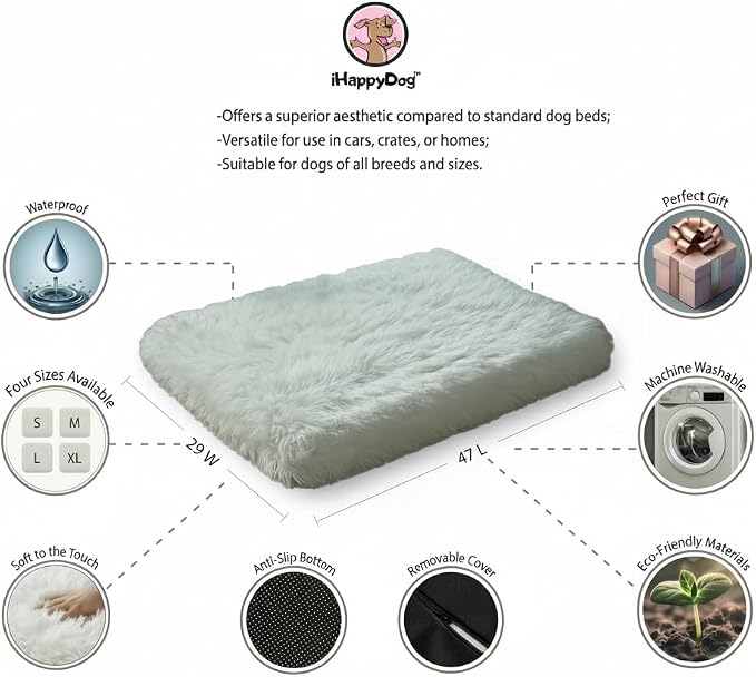 Faux Fur Orthopedic Rectangular Dog Bed, Memory Foam, White XLarge 47"x29" | Plush Sheepskin Style Furry Rug, Calming for Senior and Large Dogs, Washable Waterproof Cover, Fits Crates and Floors - Image 5