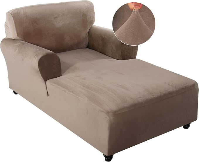 FantasDecor Velvet Chaise Lounge Cover Stretch Double Arm Chair Slipcover for Living Room Bedroom Soft Plush Fabric Machine Washable, Taupe by FantasDecor