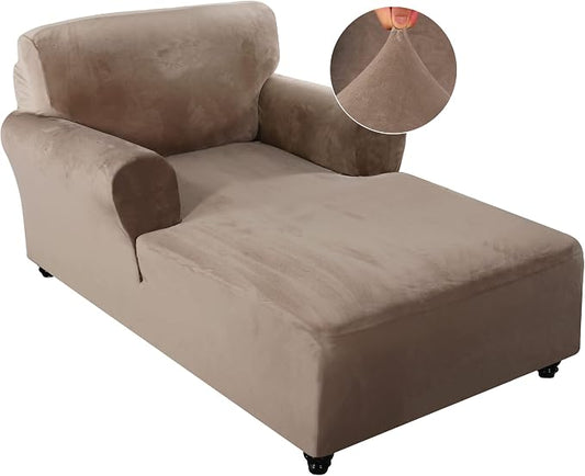 FantasDecor Velvet Chaise Lounge Cover Stretch Double Arm Chair Slipcover for Living Room Bedroom Soft Plush Fabric Machine Washable, Taupe by FantasDecor