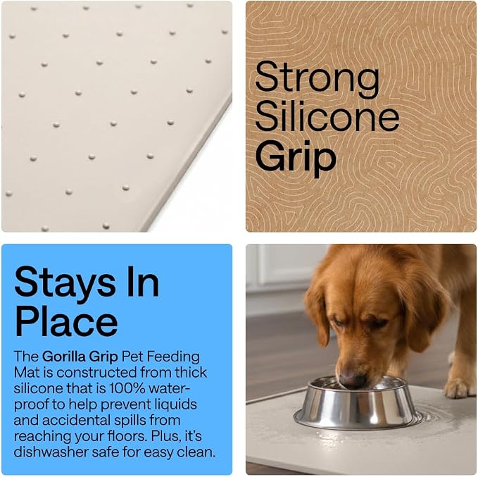 GORILLA GRIP 100% Waterproof Raised Edge BPA Free Silicone Pet Feeding Mat, Dog Cat Food Mats Contain Spills Protects Floors, Placemats for Cats and Dogs Water Bowl, Pets Accessories 23x15 Beige - Image 3