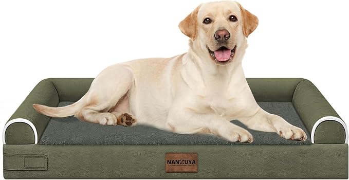 NANUYA Orthopedic Dog Bed for Large Dogs, 38 x 25 Inch, Dark Green | Egg crate foam for joint support, 3-sided bolster pet sofa, waterproof lining, washable cover, and non-skid base by Nanuya