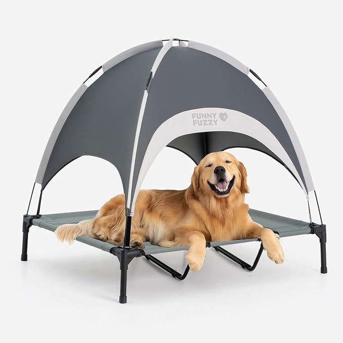 FUNNY FUZZY Elevated Dog Bed with Canopy for Large Dogs up to 120 lbs– Raised Dog Cot Bed with UV Shade,Waterproof,Breathable Mesh,Outdoor & Indoor Use (Grey, X-Large) by FUNNYFUZZY