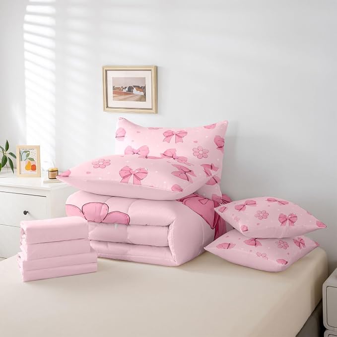 Erosebridal Pink Bows 7 Piece Comforter Set Twin Size Girly Bowknot Bedding Set for Kids Girls Bedroom Pink Bows Comforter with Sheets Microfiber Bow Ribbon Heart Pattern Quilt Set Flower Bed Set - Image 6