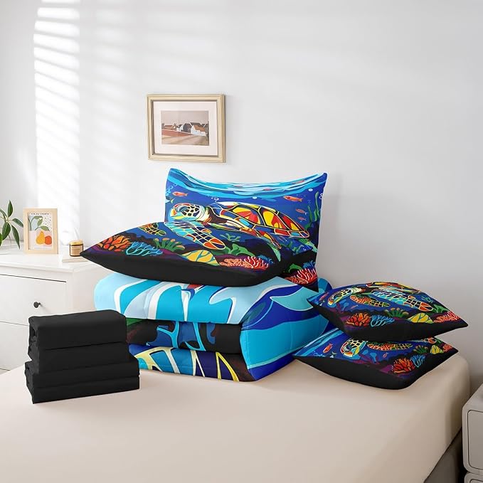 Erosebridal Sea Turtle King Size Comforter Set with Sheets, Ocean Life Bed in A Bag for Kids Teens Youth Adults Bedroom, Underwater World Sea Animal 7 Pcs Bedding Set, Watercolour Coral Bed Sets - Image 5