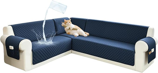 Sectional Couch Covers for Dogs 100% Waterproof Corner L Shaped Sofa Cover Pet Friendly Velvet Washable Anti Slip L Shape Modular Sofa Slipcover Protector with Pockets (Navy Blue, XL Plus) by SYJOVIA