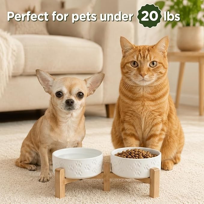 SPUNKYJUNKY Elevated Dog Bowls Ceramic, 5.1'' Dogs and Cat Food Water Bowls Raised with Non-Slip Bamboo Stand for Puppy Small Sized Breed Microwave Dishwasher Safe - 13.5 OZ,Paw White - Image 7