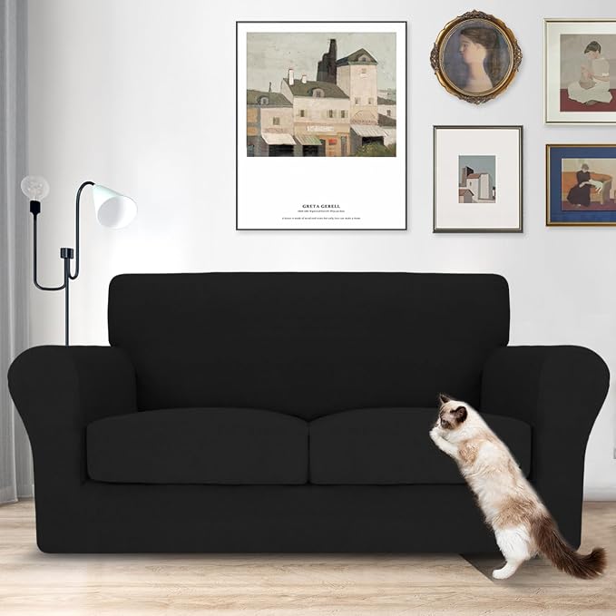 MAXIJIN 3 Piece Couch Covers for 2 Cushion Couch loveseat Cover, Stretch Love Seat Sofa Slipcovers for Dogs Pet, Thick Furniture Protector with 2 Seat Cushion (55"-69", Black) - Image 2