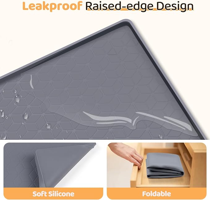 Dog Food Mat 34''x22'' Large Dog Mat for Food and Water,Dark Grey | Silicone Dog Bowl Mat with Raised Edge, Waterproof Non-Slip Pet Feeding Mat for Floors, fit for Dog Cat Bowls - Image 2