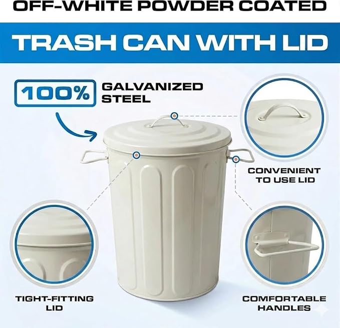 Plexon 5 Gallon Small Metal Trash Can with Lid Outdoor Galvanized Steel Bucket with Lid 5 Gal Storage Can for Dog Food Bird Seed Storage Container, Off-White - Image 9