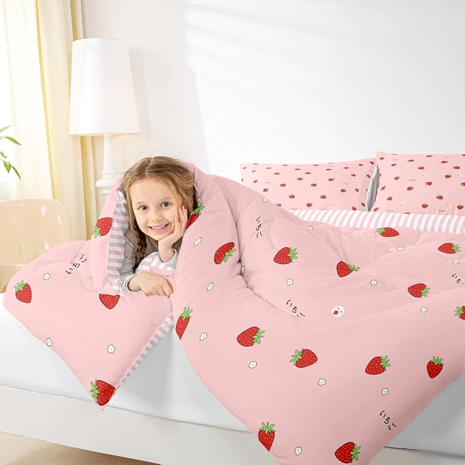 Erosebridal Cute Strawberry Comforter Set Queen Kawaii Japanese Bedding Set, Red Reversible Soft Sweet Cartoon Fruit Duvet Set for Girls Kids Gift Pink Warm Down Comforter Room Decor - Image 6