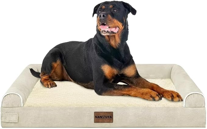 NANUYA Orthopedic Dog Bed for XX-Large Dogs, 44 x 34 Inch, Beige | Egg crate foam for joint support, 3-sided bolster pet sofa, waterproof lining, washable cover, and non-skid base - Image 8