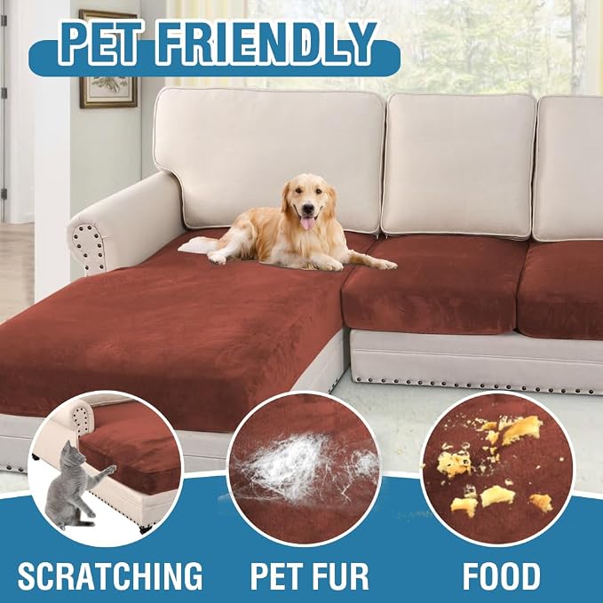 H.VERSAILTEX Velvet Stretch Sectional Couch Covers 3 Pieces Sofa Seat Cushion Covers L Shape Separate Cushion Couch Cover for Both Left/Right Sectional Couch (Large Sofa 2 Seater + 1 Chaise, Rust) - Image 3