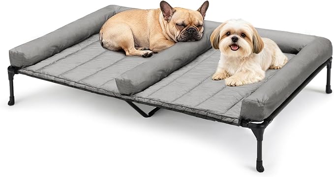 Veehoo Elevated Dog Bed for Two Dogs, Cooling Raised Dog Bed with Removable Waterproof Bolster Mat, 49" x 33" Double Dog Bed, Outdoor & Indoor Pet Cot with Breathable Mesh, Non-Slip Feet, Grey by Veehoo