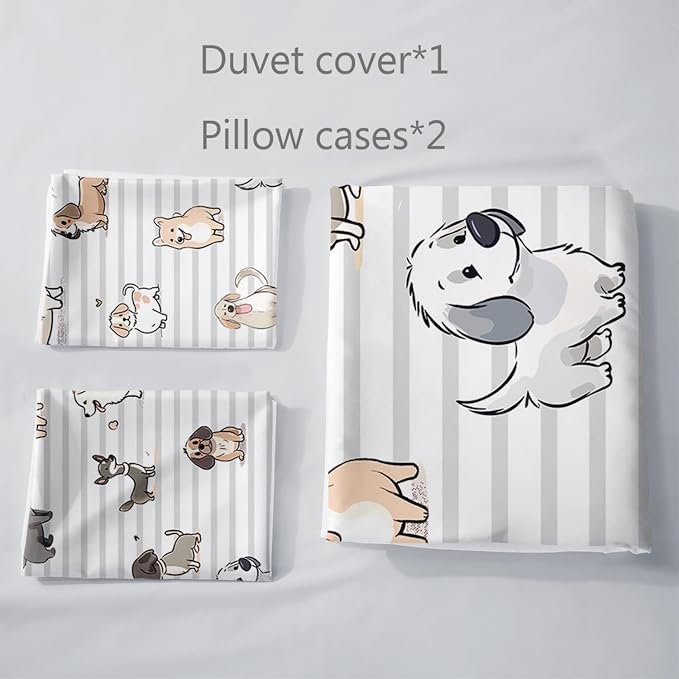 AILONEN Kawaii Puppy Duvet Cover Twin Size, Cute Dog Animal Bedding Set for Kids Girls Boys,Cartoon Puppy Pug Comforter Cover,1 Quilt Cover 2 Pillowcases,3 PCS - Image 4