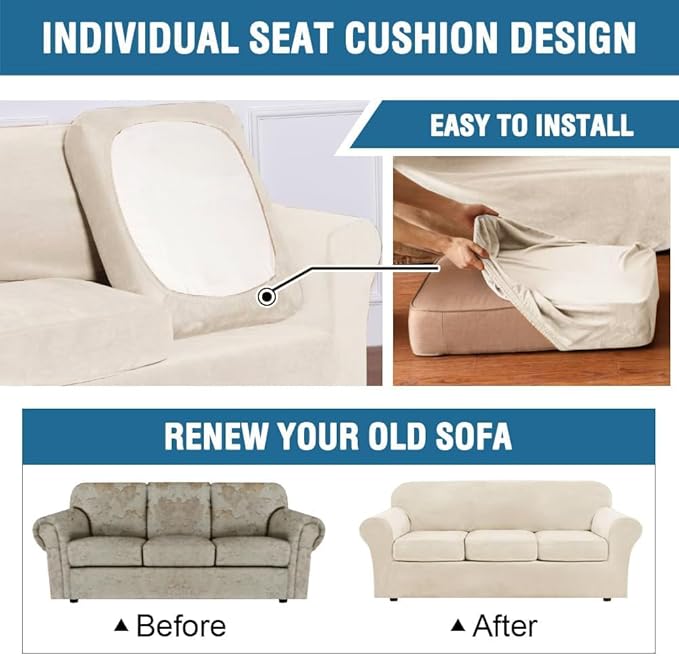 H.VERSAILTEX Modern Velvet Plush 4 Piece High Stretch Sofa Slipcover Furniture Protector Form Fit Velvet Extra Large Sofa Cover for 3 Cushion Couch Width Up to 105 Inch (XL Sofa, Cream) - Image 6