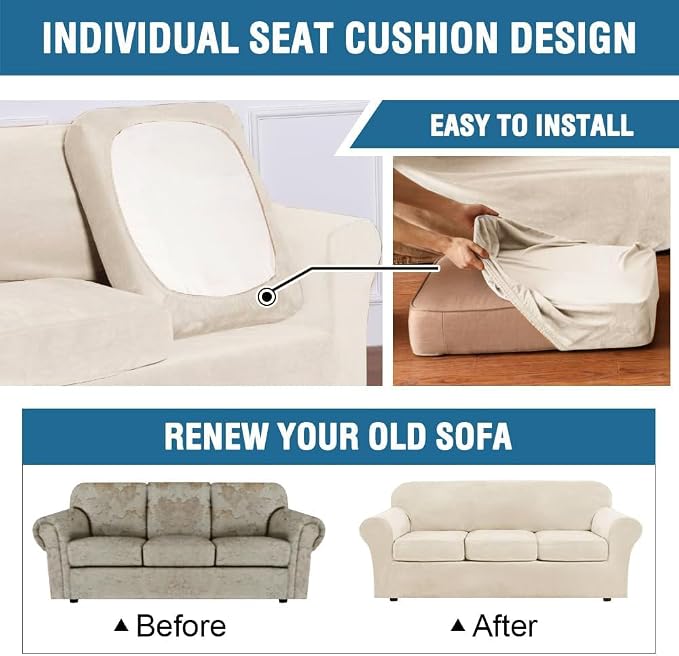 H.VERSAILTEX 3 Piece Stretch Sofa Covers Couch Covers for 2 Cushion Couch Loveseat Covers Width Up to 72 Inch Feature Thick Soft Stay in Place (Medium Sofa, Cream) - Image 6