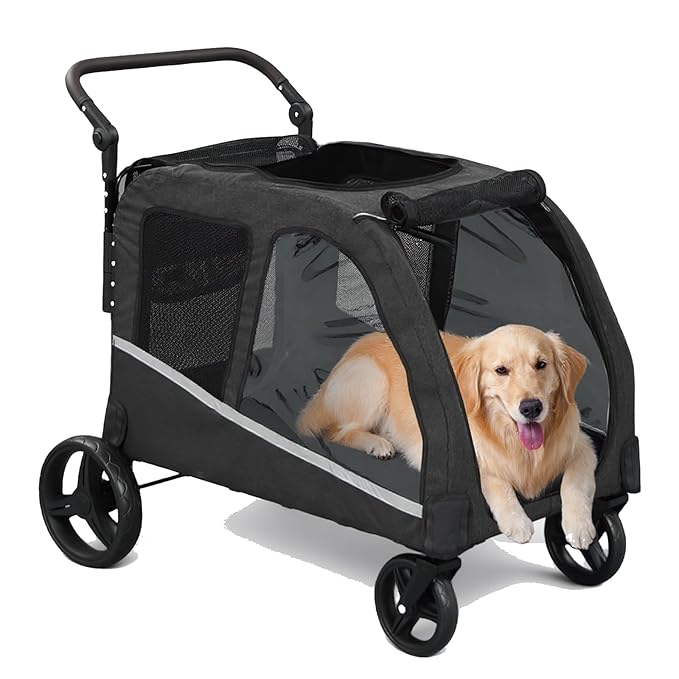 Dog Stroller for Large Dogs, Extra Large Pet Stroller for Medium Dogs, Dog Wagon Carriage, Foldable Design, Adjustable Handle, with Pocket, Up to 130 lbs, Black