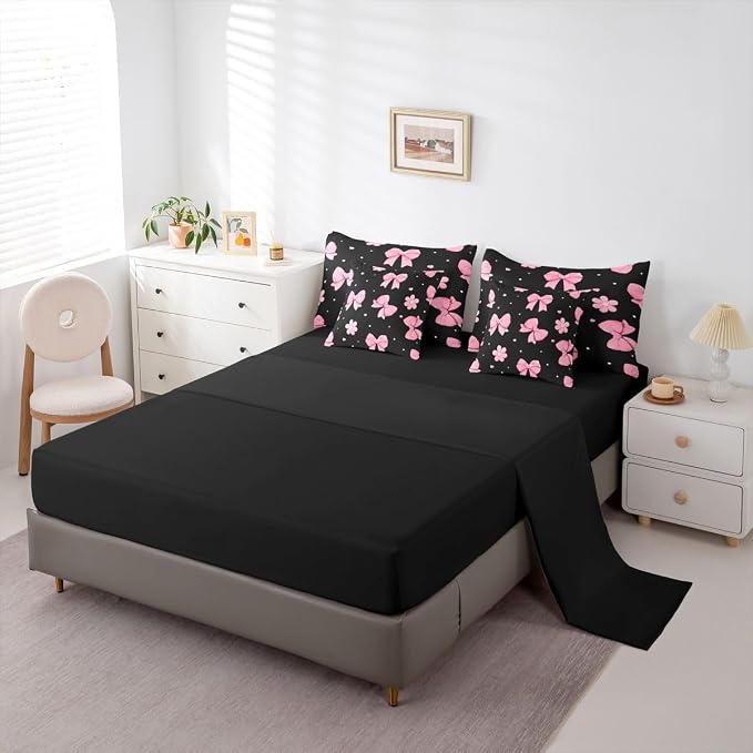 Erosebridal Bowknot 7 Piece Comforter Set Queen Size Black Pink Bedding Set for Girls Kids Bedroom Pink Bows Comforter Microfiber Bow Heart Pattern Bed in A Bag with Sheets Flower Bed Set - Image 5