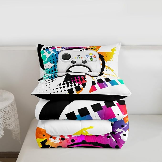 Kids Gaming Comforter Set Queen Gamer Bedding Set, Modern Console Game Controller Duvet Set For Boys Girls Teens, White Gamepad Quilt Set, Tie Dye Colorful Comforter Set Grey White Soft Bedding Set - Image 7