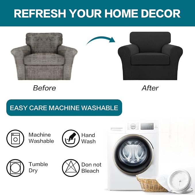 Turquoize 2 Piece Chair Covers Chair Slipcovers for Living Room Armchair Couch Cover Chair Sofa Cover with Individual Cushion Covers Furniture Cover for Chairs Feature Jacquard Fabric (Chair, Black) - Image 7