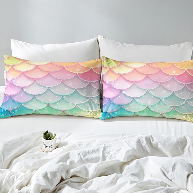 Mermaid Scale Bedding Girly 3D Fish Scale Bed Sheet Set 4 Piece Cute Mermaid Sheet Set Kids Teens Girls Pastel Pink Purple Teal Gold Glitter Bedding Set (1 Fitted Sheet + 1 Flat Sheet + 2 Pillowcase) - Image 4