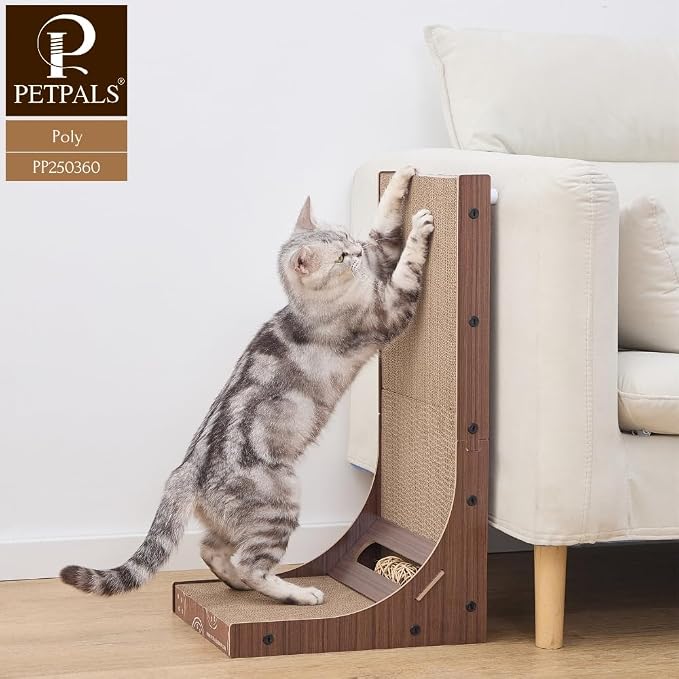 Petpals Corrugate Cardboard Cat Scratching Pad, 24" Double Side L Shaped | Replaceable Cardboard Scratching Pads, Multi-use to Protect Couch Sofa Furniture, with Rattan Ball Toys, Laminated Wood Frame - Image 7