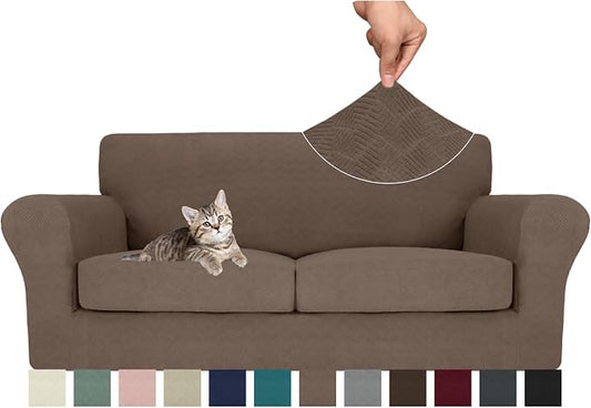 MAXIJIN 3 Piece Couch Covers for 2 Cushion Couch Sofa Cover, Stretch Loveseat Sofa Slipcovers for Sofas with 2 Large Cushions, Thick Dogs Pet Furniture Covers (71"-91", Brown) by MAXIJIN