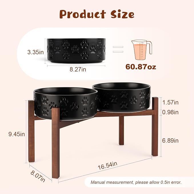 SPUNKYJUNKY Ceramic Elevated Dog Bowl Set with Acacia Wood Stand for Food and Water for Large Dogs (60.87 OZ, Black, Dog Paw Pattern) - Image 2