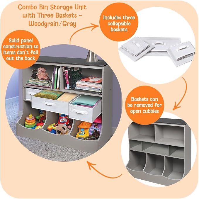 Badger Basket Combo Toy Storage Organizer and Bookshelf - Kids Storage Unit with 3 Removable Baskets, Open Shelves, Top Display Surface - Woodgrain and Gray - Image 2