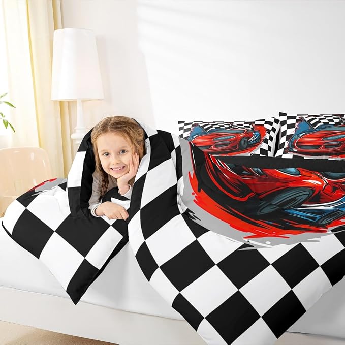 Erosebridal Racing Car Comforter Set, Dirt Bike Down Comforter,Cartoon Race Car Competition Extreme Sports Game Duvet Set for Kids Boys Teens Men, Red Automobile Quilted Duvet Decor 3 Pcs Queen Size - Image 6