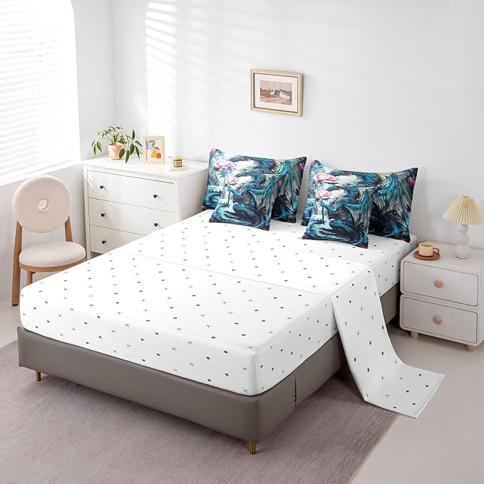 Erosebridal Floral Dragon Comforter Sets with Sheets - Magical Animal Bedding Set Queen for Boys Girls Pink Rose Dragon Theme 7Pcs Bed in A Bag Cute Wildlife Bed Set - Image 4