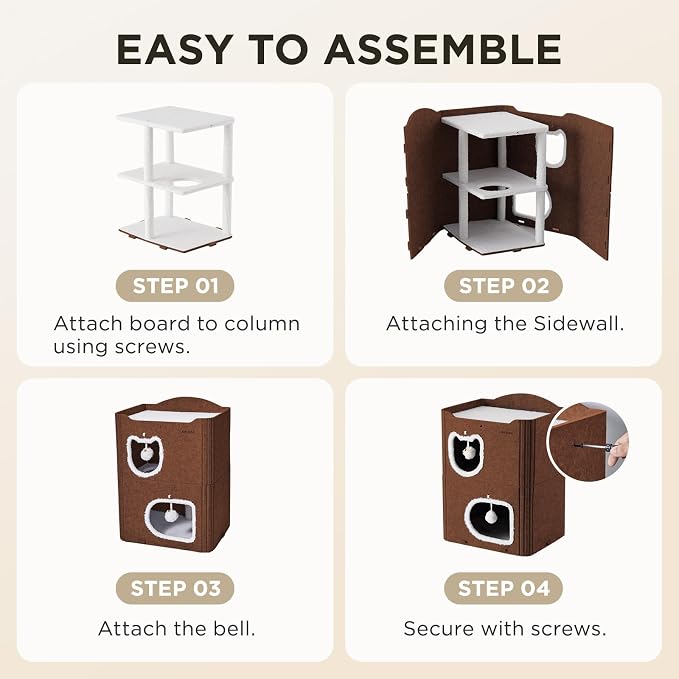 Joydeco Cat House for Indoor Cats, 2 Story Scratch Resistant Felt Cat Condo, Hideaway Pet Cave Bed with Fluffy Ball and Tunnel for Kitten, Small Dogs, Rabbits, 17.7 x 13.3 x 24, Coffee - Image 7