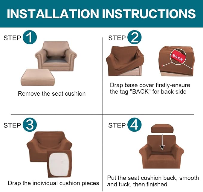 Turquoize 2 Piece Chair Covers Chair Slipcovers for Living Room Armchair Couch Cover Chair Sofa Cover with Individual Cushion Covers Furniture Cover for Chairs Feature Jacquard Fabric (Chair, Caramel) - Image 6