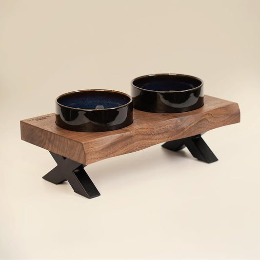 CHEERHOME PETS Raised Cat Ceramic Bowls for Small and Medium Dog, Solid Wooden Dog Food Bowl with Stand, Food Feeding Dishes Water Bowl for Cats and Puppy(Walnut Wood) by CHEERPALS