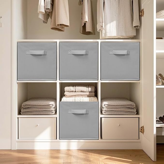 11 Inch Fabric Storage Cubes, Sturdy Foldable Storage Bins, Heavy Duty Cube Organizer for Clothes, Blankets, Shelves, Closets, Bedroom, Living Room, Gray, 12 Pack - Image 4