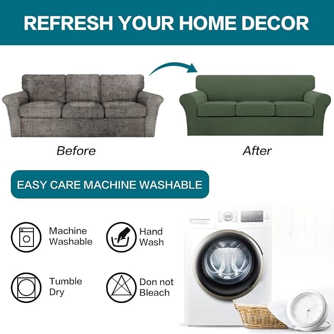 Turquoize 4 Piece Sofa Covers for 3 Cushion Couch Sofa Slipcover Soft Couch Cover for Dogs Washable Furniture Cover with 3 Individual Large Cushion Covers Feature Fabric (Large Sofa, Bronze Green) - Image 7