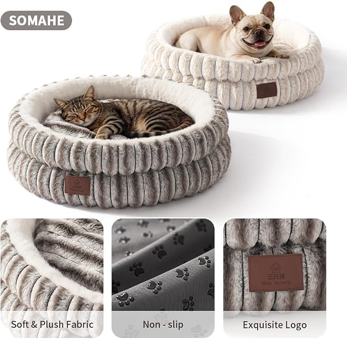 SOMAHE Cat Bed, Round Plush Faux Fur Donut Cuddler – Machine Washable Calming Cat Bed for Indoor Cats & Kittens, Removable Cushion Non-Slip Fluffy Kitten Bed, Cozy Small Cat Nest, 20" Inch Coffee - Image 6