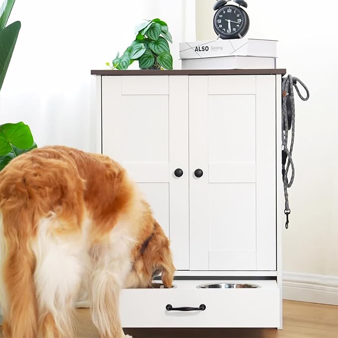 Pet Feeding Station, Dog Feeding Station, Dog Food Storage Cabinet, Pet Food Toy Organiser with 2 Elevated Bowls and Hook for Feeding and Drinking, White - Image 5