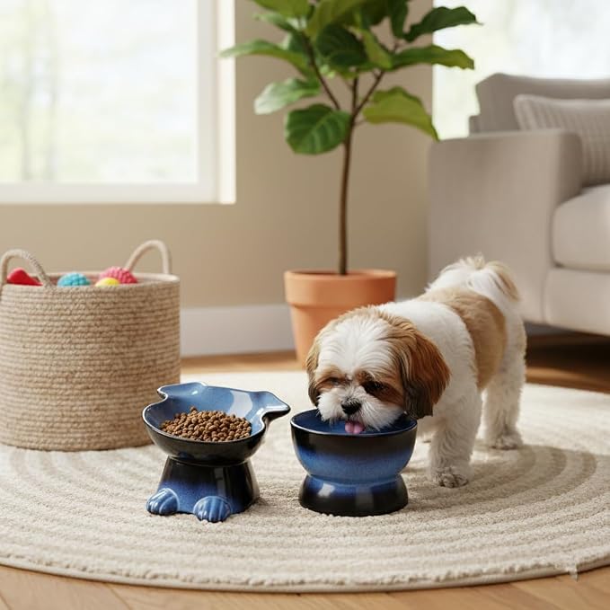Nihow Dog Food & Water Bowls: Elevated Ceramic Bowls for Medium/Small Dog | Food Safe Raised Puppy Bowls - Vivid Blue Pet Bowl for Protecting Pet's Spine (Set of 2) - Image 4