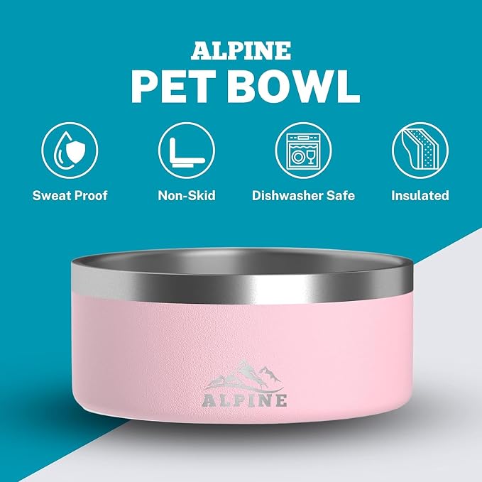 ALPINE Set of 2 Stainless Steel Dog Bowls, Non Slip, Metal Pet Bowl for Food and Water, Double Walled Insulated, Rustproof, Dishwasher Safe (64 oz, Pink) - Image 2