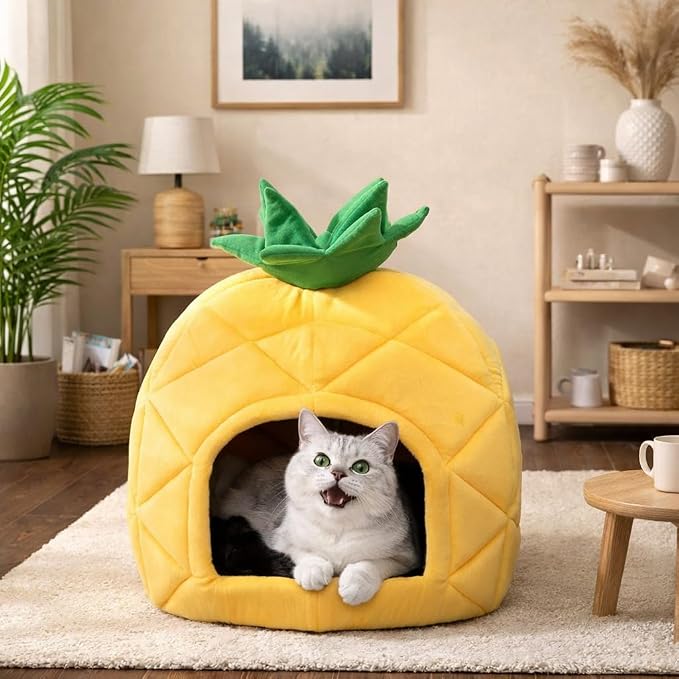 Hollypet Cat Bed Cave for Indoor Cats for Pets up to 15 lbs, Pineapple | Warm Cat Bed Cats Cave Condo, Covered Kitty House with Removable Washable Cushion, Cozy Enclosed Pet Bed for Small Dogs - Image 4