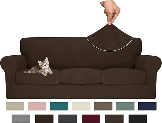 MAXIJIN 4 Piece Couch Covers for 3 Cushion Couch Sofa Covers, Stretch Couch Slipcovers for Sofas with 3 Cushions, Thick 3 Seat Furniture Protector for Dogs Pet (71"-91", Coffee) by MAXIJIN