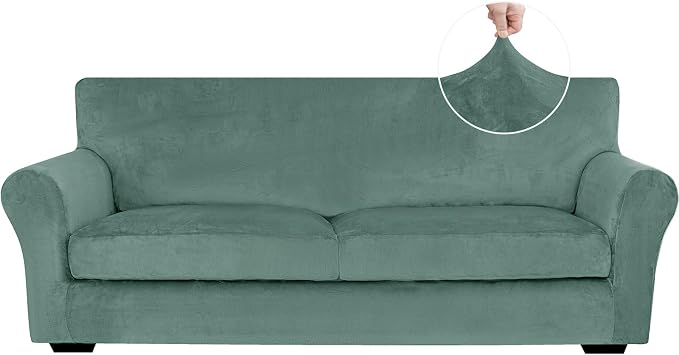 XINEAGE 3-Piece Velvet Sofa Cover,Couch Covers for Dog,Light Green | 2 Cushion Sofa,Stretch Non-slip Elastic, Pet-friendly, Washable, Fast Setup, Soft Plush Fabric, Furniture Protector. by XINEAGE