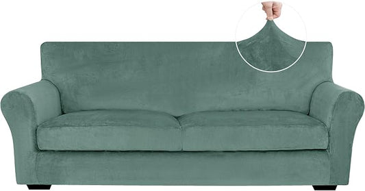 XINEAGE 3-Piece Velvet Sofa Cover,Couch Covers for Dog,Light Green | 2 Cushion Sofa,Stretch Non-slip Elastic, Pet-friendly, Washable, Fast Setup, Soft Plush Fabric, Furniture Protector. by XINEAGE