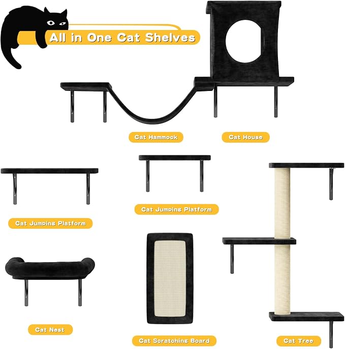 NUNU LAB Wall Mounted Cat Furniture Set - 6 Pcs Climber Set with House, Bridge, Steps, Scratcher Board - DIY Walls Playground, Indoor Cat Shelves - Black - Image 4